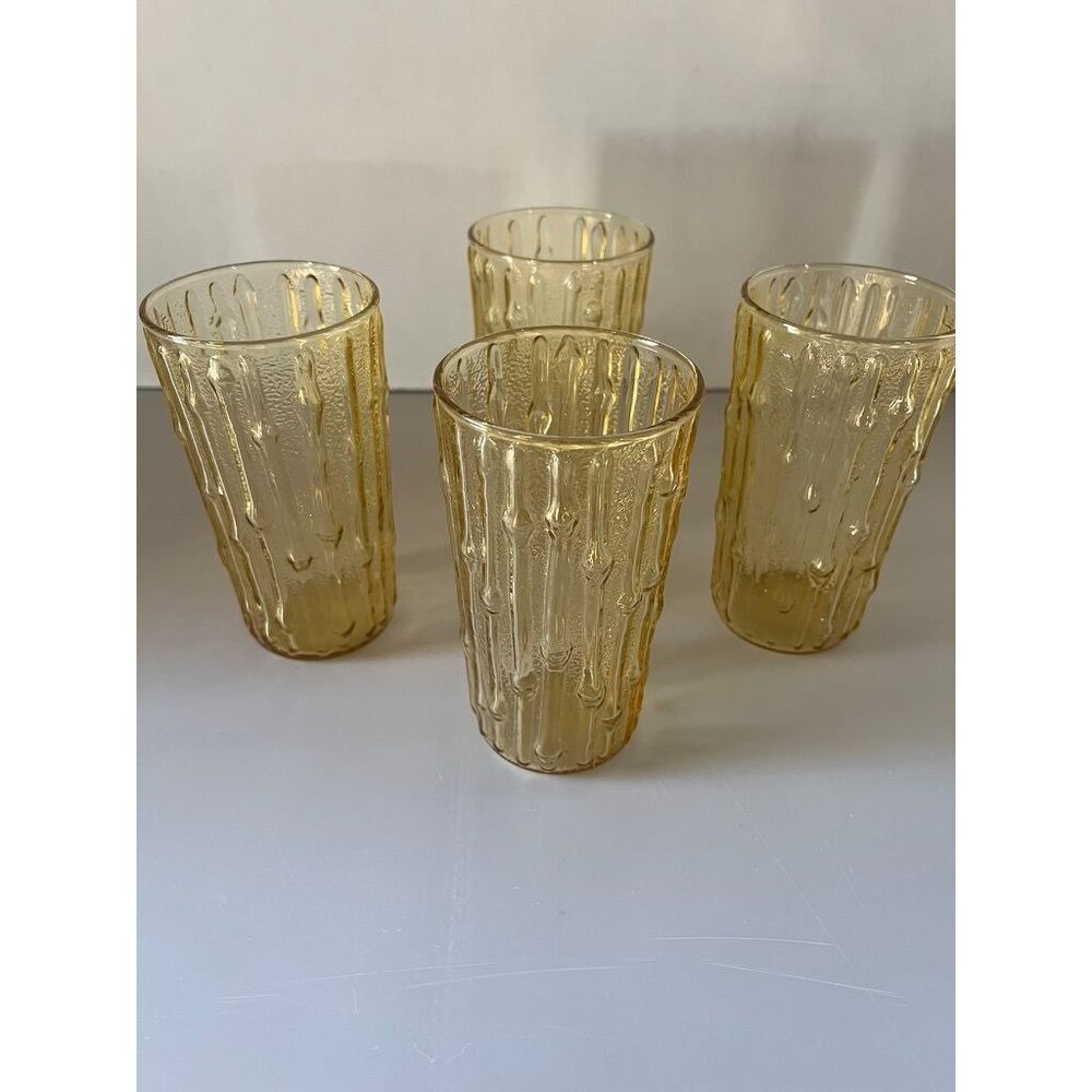 Set Of 4 Vintage Anchor Hocking "Tahiti" Bamboo-Textured Amber Drinking Glasses